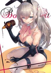  :p absurdres animal_ears bare_shoulders black_gloves blue_eyes bottle breasts chocolate chocolate_syrup cleavage collarbone elbow_gloves english_text female gloves grey_hair hair_between_eyes hair_ribbon highres holding holding_bottle large_breasts leotard long_hair looking_at_viewer neck_ribbon original pantyhose pink_ribbon playboy_bunny rabbit_ears rangen ribbon scan simple_background sitting solo strapless strapless_leotard tongue tongue_out white_background white_pantyhose white_ribbon 