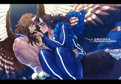  2boys aizetsu_(kimetsu_no_yaiba) animal_feet animal_hands beads bird_wings black_nails blue_background blue_eyes blue_hair blue_sclera bridal_gauntlets brown_hair brown_wings carrying claws closed_mouth cloud colored_sclera demon_boy fangs feathered_wings feathers feet_out_of_frame fingernails flying gomarou50 grin harpy_boy highres horns kimetsu_no_yaiba long_fingernails long_hair long_sleeves looking_at_viewer male_focus monster_boy multiple_boys night night_sky nipples no_shirt outdoors pointy_ears princess_carry rope shimenawa sky smile star_(sky) talons tasuki text_in_eyes toned toned_male urogi_(kimetsu_no_yaiba) veins white_horns wings yaoi yellow_eyes yellow_sclera 