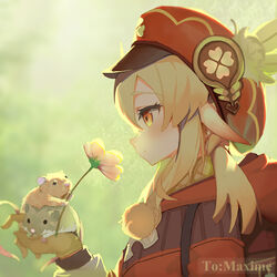  absurdres ahoge backpack bag blurry brown_gloves brown_scarf cabbie_hat clover_print coat commentary_request depth_of_field female flower from_side genshin_impact gloves hair_between_eyes hamster hat hat_feather hat_ornament highres holding hood hooded_coat klee_(genshin_impact) light_brown_hair long_hair long_sleeves looking_at_another low_twintails orange_eyes pointy_ears profile randoseru red_coat red_hat scarf sidelocks smile solo tomori-san_(pixiv_7519735) twintails 