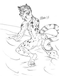  2018 anthro ass bed_sheet bedding claws felid fur hair half-closed_eyes hi_res leopard likulau looking_at_viewer looking_back male mammal marcushunter narrowed_eyes nekojishi nude pantherine raised_tail signature solo studio_klondike tail toe_claws 