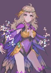  ahoge alternate_costume asymmetrical_bangs blonde_hair bodystocking breasts bridal_gauntlets cape circlet covered_navel female fes4 fire_emblem fire_emblem_fates fire_emblem_heroes leotard long_hair looking_at_viewer medium_breasts official_alternate_costume ophelia_(fire_emblem) ophelia_(resplendent)_(fire_emblem) purple_background shiny solo sparkle thighs upper_body wing_cape 