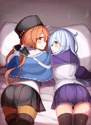  2girls bed_sheet black_bow black_footwear black_headwear black_skirt black_thighhighs blue_eyes blue_shawl blush boots bow brown_eyes brown_hair flat_cap from_behind fur_hat grey_hair hair_between_eyes hair_ornament hairbow hairclip hat hibiki_(kancolle) jacket kantai_collection long_hair long_sleeves looking_back low_twintails multiple_girls pantyhose papakha parted_lips pillow pleated_skirt reitou_mikan scarf school_uniform serafuku shawl skirt tashkent_(kancolle) thigh_boots thighhighs torn_clothes torn_scarf twintails unworn_hat unworn_headwear white_jacket white_scarf 