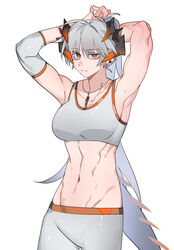  absurdres ahoge alternate_costume arknights armpits arms_up breasts brown_eyes commentary_request cowboy_shot crop_top earrings female grey_hair grey_pants grey_sports_bra highres horns jewelry large_breasts leggings long_hair looking_at_viewer midriff molu_stranger muscular muscular_female navel necklace pants parted_lips ponytail saria_(arknights) simple_background solo sports_bra standing stomach tail very_long_hair white_background 