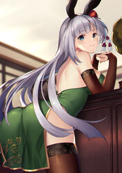  akanebi alternate_costume animal_ears ass azur_lane black_gloves black_thighhighs blue_eyes blush breasts china_dress chinese_clothes closed_mouth dress elbow_gloves fake_tail female gloves green_dress grey_hair hair_ornament highres indoors large_breasts long_hair looking_at_viewer looking_back phonograph rabbit_ears rabbit_girl rabbit_tail shoukaku_(azur_lane) smile solo tail thighhighs thighs 