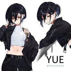  absurdres belt belt_buckle black_hair breasts buckle character_name commentary crop_top cropped_jacket english_commentary female hair_between_eyes highres jacket keisea long_sleeves looking_at_viewer midriff multiple_views navel open_clothes open_jacket original pants short_ponytail simple_background small_breasts tattoo twitter_username watermark white_background yellow_eyes yue_(keisea) 