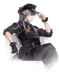  absurdres arknights black_gloves black_hat black_jacket black_pants bulletproof_vest dragon_horns earrings female gloves grey_hair hat highres horns jacket jewelry long_hair looking_at_viewer narakuuu official_alternate_costume orange_eyes pants peaked_cap police_hat radio_transceiver saria_(arknights) saria_(the_law)_(arknights) short_sleeves single_glove sitting solo 