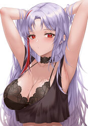  absurdres armpits arms_up azur_lane black_bra black_choker blush bra breasts chinese_commentary choker cleavage closed_mouth clothes_pull collarbone commentary crop_top female grey_hair hand_in_own_hair hands_in_hair highres ichikushi_mojibake large_breasts looking_at_viewer mole mole_on_breast multicolored_hair official_alternate_costume parted_bangs red_eyes red_hair simple_background sleeveless streaked_hair tallinn_(azur_lane) tallinn_(nostalgic_pilsner)_(azur_lane) two-tone_hair underwear upper_body white_background 