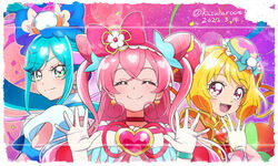  3girls :d ^_^ blonde_hair blue_bow blue_hair bow choker closed_eyes closed_mouth commentary_request cone_hair_bun crossed_bangs cure_precious cure_spicy cure_yum-yum dated delicious_party_precure fuwa_kokone gloves green_eyes hair_bun hairbow hanamichi_ran haruyama_kazunori heart long_hair looking_at_viewer magical_girl multiple_girls nagomi_yui pink_hair precure red_choker red_eyes short_hair single_hair_bun smile twitter_username upper_body white_gloves 