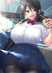  bag breasts clothes_lift coffee female food_print highres holding holding_bag huge_breasts open_mouth original paid_reward_available panties panties_under_pantyhose pantyhose print_panties school_uniform skirt skirt_lift smile solo strawberry_panties strawberry_print suzuki_nene train_station underwear wind wind_lift 