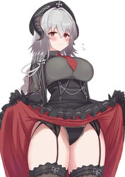  absurdres azur_lane black_gloves black_headwear black_panties black_skirt black_thighhighs blush braid breasts closed_mouth clothes_lift collared_shirt cross elbow_gloves epaulettes female flying_sweatdrops frilled_skirt frills frown garter_belt gloves grey_hair grey_shirt high-waist_skirt highres horns iron_cross large_breasts lifting_own_clothes long_hair looking_at_viewer necktie nuernberg_(azur_lane) panties red_eyes red_necktie satou_aji shirt simple_background single_braid skindentation skirt skirt_lift solo thick_thighs thighhighs thighs underbust underwear white_background 