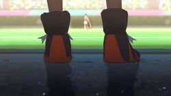  2boys blurry cape champion_uniform commentary dark-skinned_male dark_skin fur-trimmed_cape fur_trim grass leon_(pokemon) male_focus multiple_boys pokemon pokemon_swsh raihan_(pokemon) red_cape reflection shoes shorts stadium standing white_shorts zukki_(suzukio) 