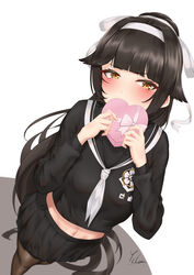  absurdres azur_lane black_hair black_pantyhose black_shirt black_skirt blush box box_of_chocolates chinese_commentary commentary_request female hair_ornament hair_ribbon hairband heart-shaped_box highres ichikushi_mojibake long_hair long_sleeves looking_at_viewer midriff navel official_alternate_costume pantyhose ribbon school_uniform serafuku shirt simple_background skirt solo standing takao_(azur_lane) takao_(school_romanza)_(azur_lane) white_background white_hairband white_ribbon yellow_eyes 