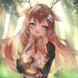  animal_ears antlers black_kimono blue_eyes breasts brown_hair bush commission dappled_sunlight deer_antlers deer_ears female flower forest hair_flower hair_ornament holding holding_own_hair horns indie_virtual_youtuber japanese_clothes kimono lion2610 long_hair looking_at_viewer lunia_(vtuber) nature open_mouth ribbon skeb_commission smile solo sunlight tree virtual_youtuber white_flower 