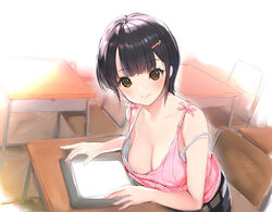  belt black_hair black_skirt blush bra breasts brown_eyes camisole chair cleavage closed_mouth commentary_request desk female indoors large_breasts lips long_hair looking_at_viewer original pink_camisole ribbed_camisole school_chair school_desk signature sitting skirt solo strap_slip tablet_pc underwear white_bra yaegashi_nan 