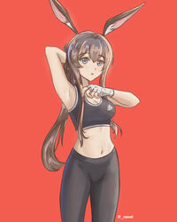  absurdres amiya_(arknights) animal_ears arknights arm_up armpits bare_shoulders black_pants black_sports_bra blue_eyes breasts brown_hair commentary cowboy_shot crop_top female hair_between_eyes highres leggings long_hair looking_at_viewer midriff naoel_(naoel_art) navel pants parted_lips ponytail rabbit_ears red_background simple_background solo sports_bra standing stomach thighs very_long_hair 