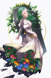  artist_name closed_eyes coffin commentary dress english_commentary female fire_emblem fire_emblem:_three_houses flower green_hair highres long_hair long_sleeves lunachaili parted_lips simple_background sitri_(fire_emblem) solo white_background white_dress 