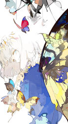  1boy blue_cape bob_cut bug butterfly butterfly_wings cape commentary diadem english_commentary ezu_(e104mjd) fate/grand_order fate_(series) highres insect_wings looking_at_viewer male_focus oberon_(fate) short_hair solo upper_body white_hair wings 