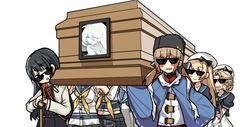  6+girls asashio_(kancolle) asashio_kai_ni_(kancolle) black_bow black_hair black_headwear black_neckwear black_skirt blonde_hair blue_hair blue_sailor_collar blue_shawl blue_skirt blush bow breasts brown_hair coffin dancing_pallbearers_(meme) deal_with_it_(meme) double_bun dress fur_hat gloves hair_between_eyes hair_bun hair_ornament hairbow hat hat_ribbon jacket janus_(kancolle) jervis_(kancolle) kantai_collection kuroinu9 large_breasts long_hair long_sleeves looking_at_viewer low_twintails meme multiple_girls navel neck_ribbon neckerchief new_submarine_princess open_mouth papakha parted_bangs photo_(object) pinafore_dress pleated_skirt red_ribbon red_shirt ribbon sailor_collar sailor_dress sailor_hat samuel_b._roberts_(kancolle) scarf school_uniform serafuku shawl shirt short_hair short_sleeves simple_background skirt sleeveless sleeveless_dress sleeves_rolled_up smile star_(symbol) sunglasses tanikaze_(kancolle) tashkent_(kancolle) torn_clothes torn_scarf twintails untucked_shirt urakaze_(kancolle) white_background white_dress white_headwear white_scarf white_shirt 