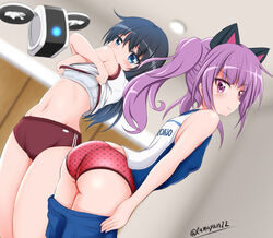  &gt;:) 2girls alice_gear_aegis animal_ears arched_back ass bare_arms bare_shoulders black_hair blue_eyes blue_shirt blue_shorts blurry blurry_background bra brown_buruma buruma character_name closed_mouth clothes_lift clothes_pull clothes_writing commentary_request crossed_arms depth_of_field dressing drone dutch_angle fake_animal_ears gym_shirt highres ichijou_ayaka koashi_mutsumi leaning_forward lifting_own_clothes long_hair looking_away looking_to_the_side multiple_girls panties photoshop_(medium) polka_dot polka_dot_panties purple_eyes purple_hair red_panties robot shirt shirt_lift short_shorts short_sleeves shorts shorts_pull sidelocks sleeveless sleeveless_shirt smile sportswear tamayan training_bra twintails twitter_username underwear undressing v-shaped_eyebrows white_bra white_shirt 