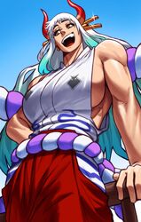  absurdres blue_sky breasts day female from_below highres horns japanese_clothes long_hair looking_to_the_side one_piece oni_horns open_mouth orange_eyes outdoors sideboob sky sleeveless solo sotcho teeth upper_teeth_only white_hair yamato_(one_piece) 