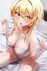  :o absurdres bare_arms bare_legs bare_shoulders barefoot bed blonde_hair blush bra breasts cleavage female genshin_impact hair_between_eyes highres holding indoors knees_out_of_frame looking_at_viewer lumine_(genshin_impact) nanashinayuzu_mochi off_shoulder open_mouth panties short_hair_with_long_locks sidelocks sitting solo strap_pull thighs underwear underwear_only wariza white_bra white_panties yellow_eyes 