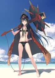  absurdres barefoot beach bikini bikini_under_clothes black_bikini black_hair blue_sky breasts coat crest day family_crest fate/grand_order fate_(series) female frills full_body grin guitar hat headphones headphones_around_neck highres holding instrument jacket jacket_on_shoulders long_hair looking_at_viewer navel oda_nobunaga_(fate) oda_nobunaga_(swimsuit_berserker)_(fate) oda_nobunaga_(swimsuit_berserker)_(second_ascension)_(fate) oda_uri open_clothes open_coat outdoors oversized_object peaked_cap red_coat red_eyes sky small_breasts smile solo swimsuit xkirara39x 