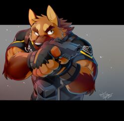  2015 action_pose biceps big_muscles black_border black_nose border brown_body brown_fur canid canine canis claws clothing domestic_dog electronics fingerless_gloves fur german_shepherd gloves gun handgun handwear headgear headphones headset herding_dog hi_res male mammal multicolored_body multicolored_fur muscular muscular_male officer_benson pastoral_dog pistol police pose ranged_weapon signature solo takemoto_arashi uniform weapon 