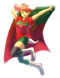  2010_fifa_world_cup animal_ears breasts commentary_request female flag full_body green_eyes holding holding_flag jumping medium_breasts mizuki_apple original portugal portuguese_flag rabbit_ears rabbit_tail red_hair short_hair simple_background soccer soccer_uniform solo sportswear tail white_background white_footwear world_cup 