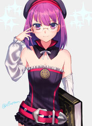  blush caster_(helena_blavatsky) dress fate/grand_order glasses hat helena_blavatsky_(fate/grand_order) purple_hair red_eyes short_hair smile 