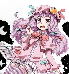  bow commentary_request female hairbow hat hat_bow long_hair mayuge_inu patchouli_knowledge purple_eyes purple_hair solo striped_clothes striped_thighhighs thighhighs touhou 