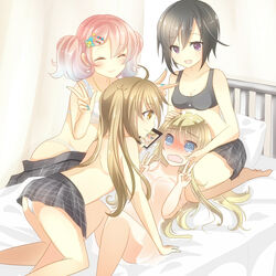  4girls @_@ ahoge black_hair black_skirt black_sports_bra blonde_hair blue_eyes blue_nails blush bra breasts cellphone cleavage closed_eyes closed_mouth collarbone commentary_request cowgirl_position embarrassed hair_ornament hands_on_another&#039;s_head highres long_hair multiple_girls nail_polish on_bed open_mouth original panties phone pillow pink_hair purple_eyes rojiura-cat short_hair sitting skirt small_breasts smartphone smile sports_bra topless twintails underwear v wariza wavy_mouth white_bra white_panties yellow_eyes yuri 