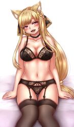  animal_ears arm_support ass_visible_through_thighs bed_sheet black_bra black_choker black_garter_belt black_panties black_ribbon black_thighhighs blonde_hair blush bow bow_panties bra braid breasts choker collarbone commentary_request embroidered_bra embroidered_panties erune female floral_print garter_belt granblue_fantasy hair_ribbon head_tilt lace lace-trimmed_bra lace_trim legs lingerie long_hair looking_at_viewer navel on_bed open_mouth panties red_eyes ribbon sitting smile solo tarte.k thigh_gap thighhighs underwear underwear_only very_long_hair yuisis_(granblue_fantasy) 