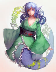  bad_id bad_pixiv_id blue_eyes breasts cleavage collarbone female fins green_kimono head_fins hoshimawa japanese_clothes kimono large_breasts long_hair looking_at_viewer mermaid monster_girl obi photoshop_(medium) plant sash smile solo touhou vines wakasagihime wide_sleeves 