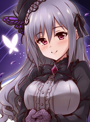  black_dress black_gloves black_hat black_ribbon blush breasts bug butterfly butterfly_hair_ornament commentary_request dress female fishnet_gloves fishnets gloves grey_hair hair_down hair_ornament hair_ribbon hat head_tilt idolmaster idolmaster_cinderella_girls idolmaster_cinderella_girls_starlight_stage kanzaki_ranko large_breasts long_hair own_hands_clasped own_hands_together photoshop_(medium) purple_eyes ribbon smile solo uraichishi wavy_hair 