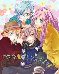  4boys aqua_eyes blonde_hair blue_eyes blue_hair blush chaka0w0 commentary_request hair_ornament hairband hairclip kurusu_shou long_hair male_focus mikado_nagi mikaze_ai multiple_boys open_mouth otoko_no_ko photoshop_(medium) pink_hair scarf smile sweat tsukimiya_ringo uta_no_prince-sama uta_no_prince-sama_maji_love_2000_percent v 