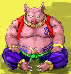  2015 anthro barazoku bracelet clothed clothing domestic_pig ear_piercing front_view jewelry kemono kotobuki male mammal muscular muscular_anthro muscular_male obese obese_anthro obese_male open_clothing open_shirt open_topwear overweight overweight_anthro overweight_male partially_clothed piercing shirt simple_background sitting solo suid suina sus_(pig) tattoo topwear 