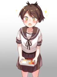  +_+ :o blush brown_hair commentary_request cowboy_shot female gradient_background hair_ribbon holding kantai_collection looking_at_viewer onbin_ha open_mouth pleated_skirt ponytail ribbon school_uniform serafuku shikinami_(kancolle) short_hair short_sleeves skirt solo sparkle yellow_eyes 