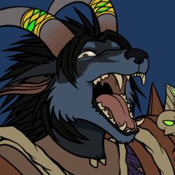  1:1 2015 ambiguous_gender anthro armor black_body black_fur black_hair black_nose blizzard_entertainment blue_background blue_body blue_fur bust_portrait canid clothed clothing conditional_dnp digital_media_(artwork) fan_character fangs female fur green_eyes hair horn horn_jewelry horn_ring jewelry looking_at_viewer mammal multicolored_body multicolored_fur open_mouth paralee_(character) portrait rape_face ratte reaction_image ring_(jewelry) sharp_teeth simple_background solo soy_grin teeth tongue two_tone_body two_tone_fur warcraft were werecanid worgen 