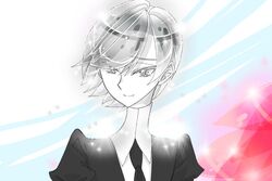  1other androgynous bad_id bad_pixiv_id colored_eyelashes easty gem_uniform_(houseki_no_kuni) goshenite_(houseki_no_kuni) grey_eyes grey_hair houseki_no_kuni looking_at_viewer necktie other_focus short_hair smile solo sparkle upper_body white_hair 