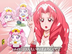  akagi_towa commentary cup emphasis_lines female go!_princess_precure hand_up heart heart-shaped_pupils maid maid_headdress mouse_(animal) pink_hair precure puff_(go!_princess_precure) purple_eyes red_eyes red_hair spill symbol-shaped_pupils teacup tj-type1 translated 