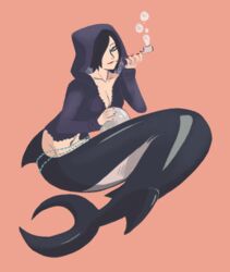  animal_humanoid black_hair breasts bubble cleavage clothed clothing crystal_ball elodye-x female fish fish_humanoid hair hi_res hoodie humanoid jewelry madam_shyarly marine marine_humanoid merfolk midriff monster_girl_(genre) one_piece pipe shark_humanoid simple_background solo split_form topwear 