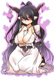  ahoge bandage bare_shoulders between_breasts black_hair breasts cleavage danua demon_girl dress female gradient gradient_background granblue_fantasy horns kneeling large_breasts long_hair long_skirt nacklace niwakaame_(amayadori) pointy_ears red_eyes sandals skirt solo very_long_hair 