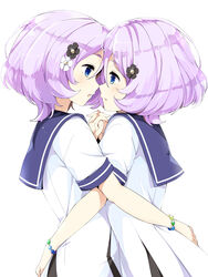  2girls arm_around_waist blue_eyes blush bracelet commentary_request hair_ornament highres holding_hands hug imminent_kiss incest interlocked_fingers jewelry karakuri_futaba karakuri_hitoha looking_at_viewer multiple_girls purple_eyes school_uniform serafuku short_hair short_sleeves siblings simple_background sisters tokyo_7th_sisters twincest twins upper_body wara_(warapro) white_background yuri 