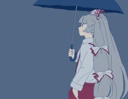  big_hair blue_background blue_theme commentary_request female from_side fujiwara_no_mokou grey_hair hair_ribbon hand_in_pocket holding long_hair long_sleeves looking_up oekaki profile ribbon simple_background solo touhou tress_ribbon umbrella very_long_hair you_taira 