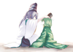  2girls aged_down backlighting closed_eyes commentary_request green_hair hand_on_another&#039;s_head hat japanese_clothes kariginu mononobe_no_futo multiple_girls ponytail rhapsode short_hair soga_no_tojiko tate_eboshi touhou white_background white_hair 