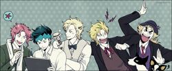  5boys anger_vein battle_tendency blonde_hair blue_hair bow bowler_hat bowtie bubble caesar_anthonio_zeppeli canine commentary_request crossed_arms danny_(jojo) diamond_wa_kudakenai dio_brando earrings facial_mark formal green_eyes hat headband heaven&#039;s_door iggy_(jojo) jewelry jojo_no_kimyou_na_bouken kakyoin_noriaki kishibe_rohan multiple_boys phantom_blood polka_dot polka_dot_background red_hair robert_e._o._speedwagon scarf speech_bubble stand_(jojo) stardust_crusaders starfish suit thick_eyebrows twitter_username vest winged_hair_ornament yokozawa_(pyu-tohuku) 