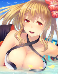  blonde_hair blush breasts cleavage commentary_request empty_eyes female flower granblue_fantasy hair_flower hair_ornament koko_(koko3) large_breasts long_hair looking_at_viewer official_alternate_costume open_mouth orange_eyes photoshop_(medium) ponytail solo swimsuit vira_(granblue_fantasy) vira_(summer)_(granblue_fantasy) 