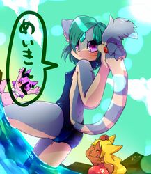  anthro blonde_hair canid canine canis clothing domestic_cat domestic_dog duo felid feline felis female green_hair hair japanese_text kemono mammal pink_hair powderkona purple_eyes swimwear text translated 