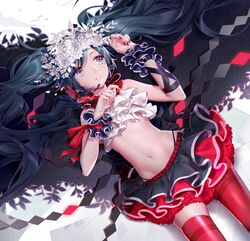  bless_you_(module) commentary_request female hatsune_miku head_wreath headset highres long_hair midriff navel nisoku_hokou_(vocaloid) partial_commentary project_diva_(series) project_diva_f_2nd red_thighhighs skirt solo thighhighs twintails vocaloid yyb 