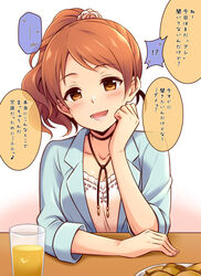  :d arms_on_table blue_jacket blush breasts brown_eyes brown_hair choker cleavage collarbone commentary_request cup female flower food hair_flower hair_ornament hand_on_own_cheek hand_on_own_face head_tilt hojo_karen idolmaster idolmaster_cinderella_girls jacket looking_at_viewer medium_hair open_mouth photoshop_(medium) plate ponytail shirt smile solo speech_bubble translation_request uraichishi white_shirt 